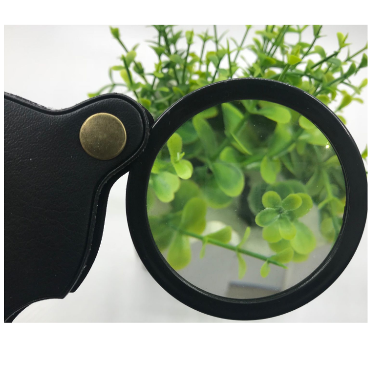 Portable Round Little Handy Magnifier 10X Mini Foldable Leather Pocket Magnifying Glass with Black Cover Case