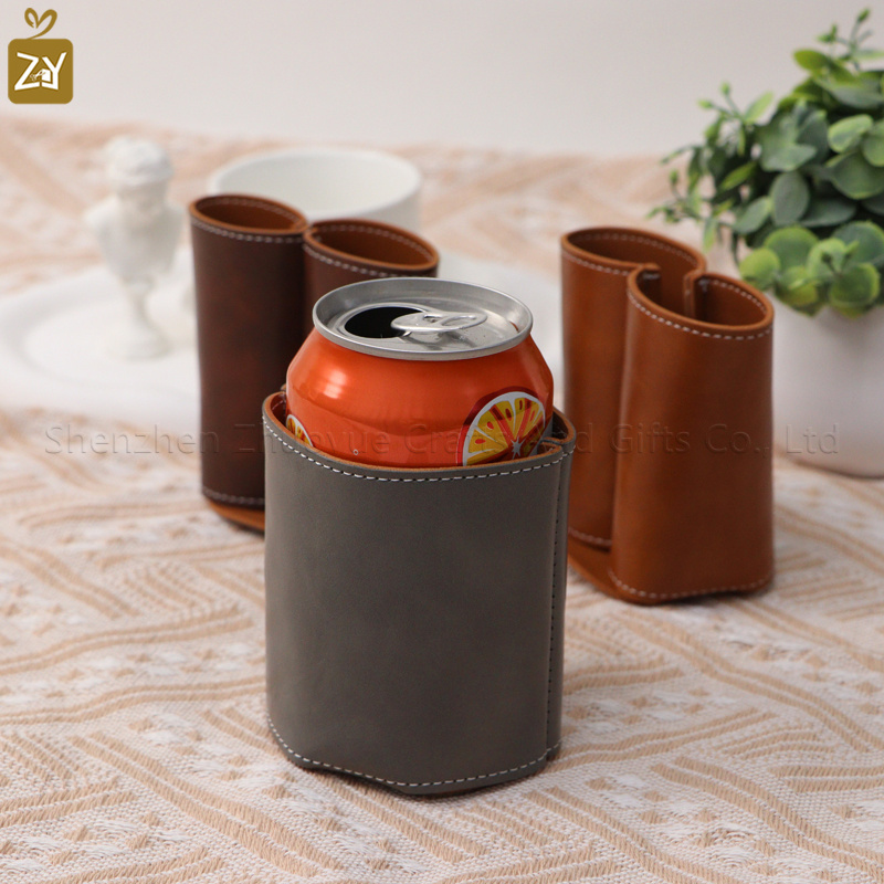 YY RTS camping outdoor  PU leather insulator cover beer drink cooler sleeve, foldable drink sleeve cooler