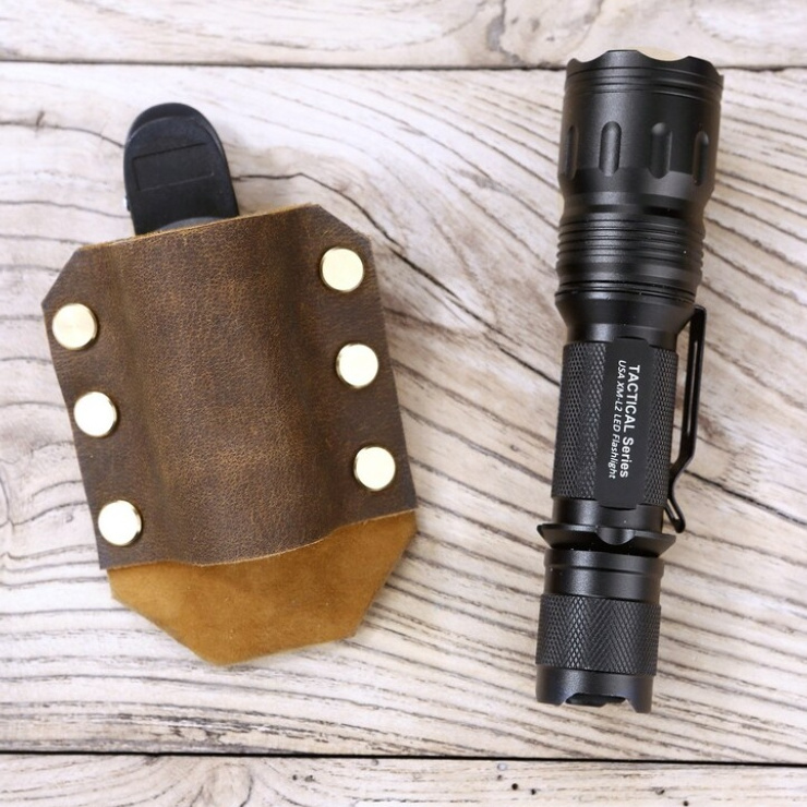 Crazy Horse Leather EDC Flashlight Belt Holster Camping Knife Tools Electric Torch Holder