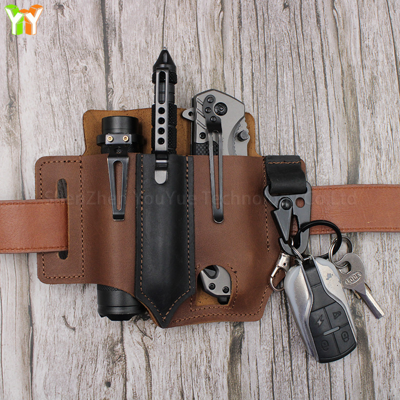 Multitool Sheath Belt Pen Holder Key Fob Flashlight Tool Pouch Leather Sheath for Man EDC Pocket Organizer