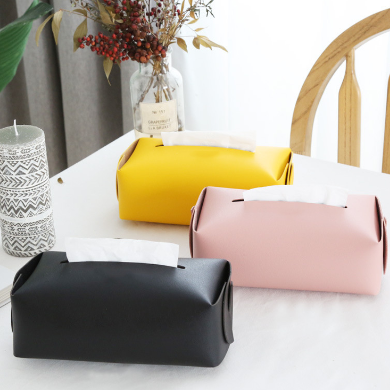 Tissue Box Cover Soft PU Leather Foldable Handkerchief Box Napkin Holder For Living Room Kitchen Desktop