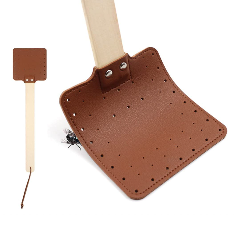 PU Leather Fly Swatter Wood Handle Custom Fly Swatter Heavy Duty Flyswatter Indoor Pest Control Fly Swatters Mosquitoes Killer