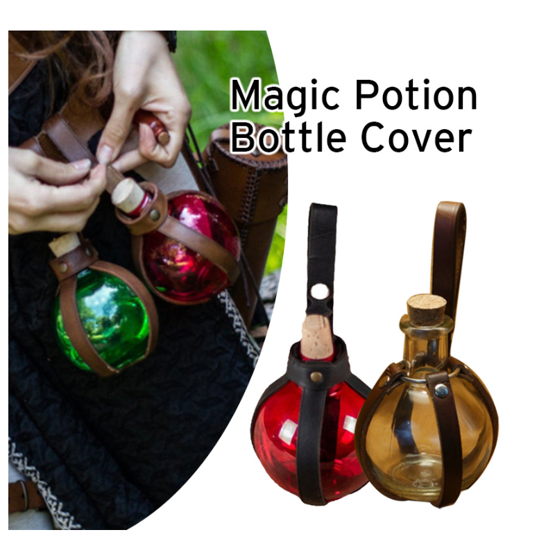 Leather Witch Dark Cork Potion Bottle Holder Round Glass Bottle with Leather Belt Holster Loop for Halloween