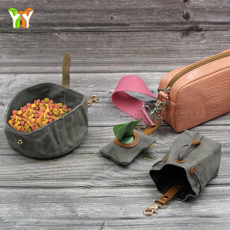 Waxed Canvas Dog Treat Pouch Pet Poop Bag Holder Pet Foldable Feeding Bowl Dog Travel accessories