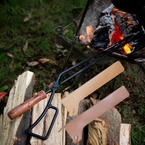 Barbecue Charcoal Clip Iron Wood Handle Anti Scalding Leather Cover Outdoor Camping BBQ Bonfire Stove Fireplace Fire Tongs