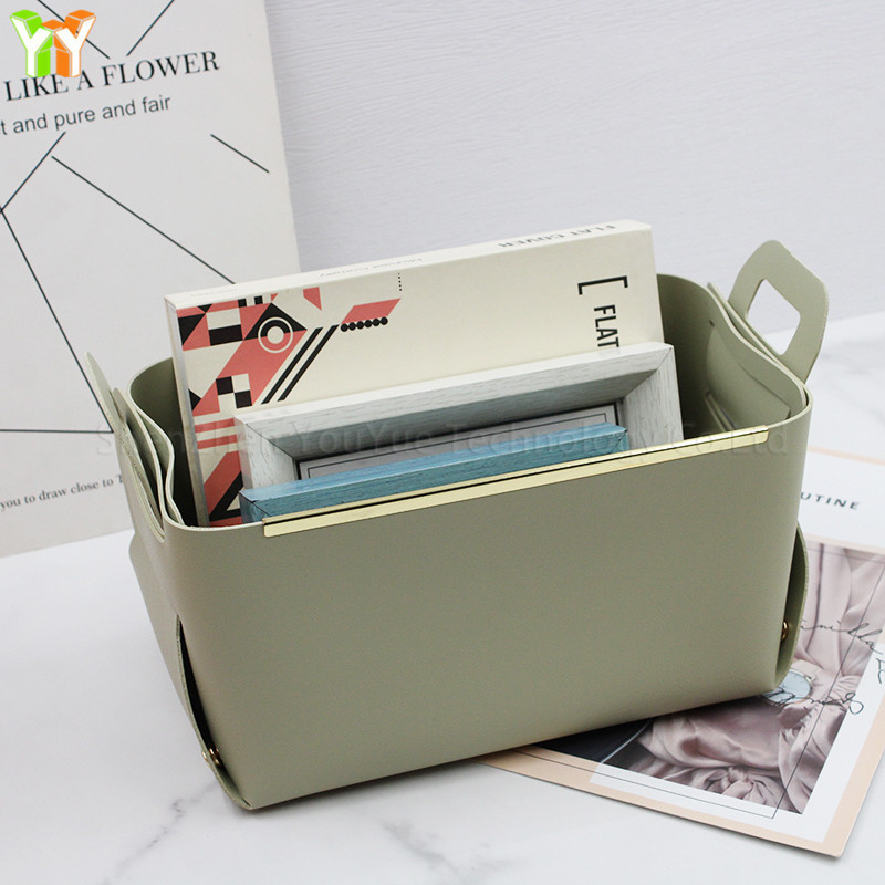 Luxury Metal Basket Multifunctional PU Leather Storage Baskets Foldable Rectangle Desktop Organizer Box