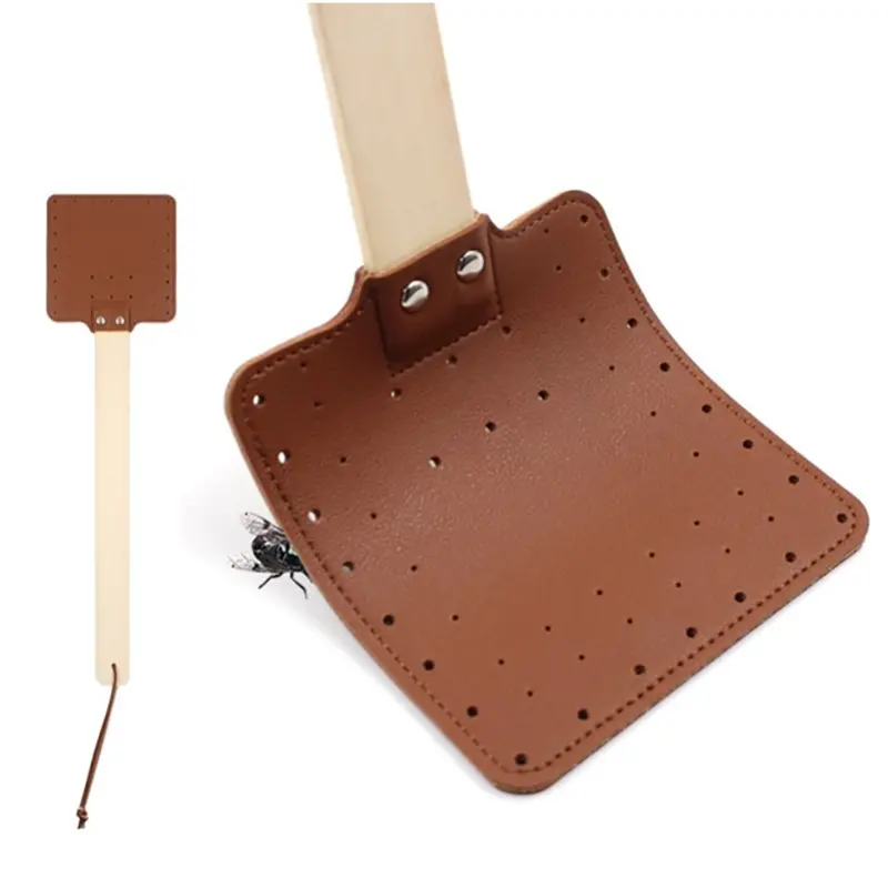 Leather Household Fly Swatter with Durable Wooden Handle Flexible Swatter for Mosquitoes Fly