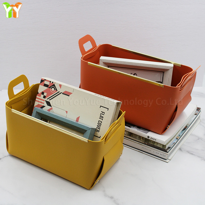 Luxury Metal Basket Multifunctional PU Leather Storage Baskets Foldable Rectangle Desktop Organizer Box