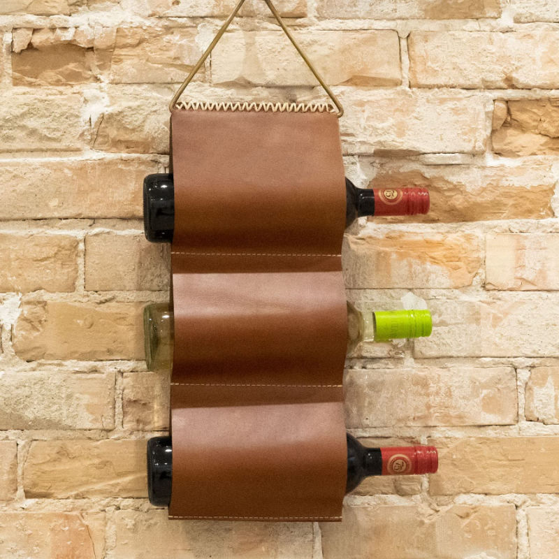 Wall Mounted PU Leather Wine Rack Hanging Wine Bottle Holder for 3 Bottles Gifts for Wine Lovers