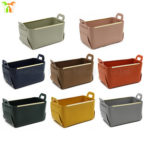 Luxury Metal Basket Multifunctional PU Leather Storage Baskets Foldable Rectangle Desktop Organizer Box