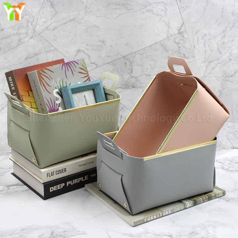 Luxury Metal Basket Multifunctional PU Leather Storage Baskets Foldable Rectangle Desktop Organizer Box