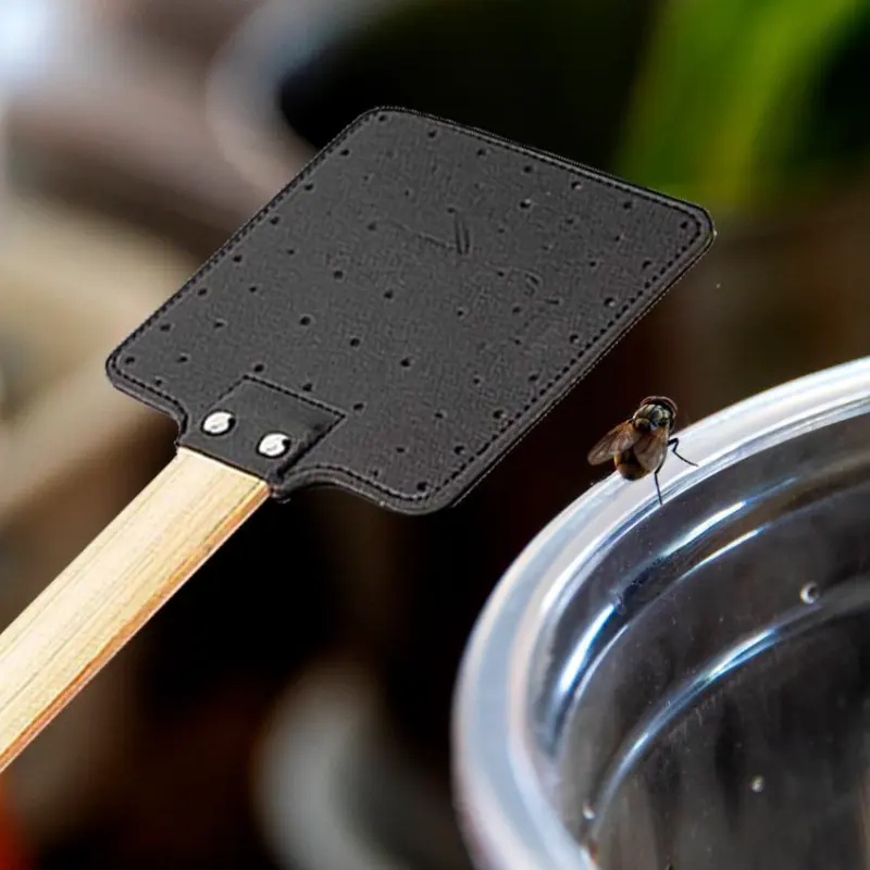 Leather Household Fly Swatter with Durable Wooden Handle Flexible Swatter for Mosquitoes Fly