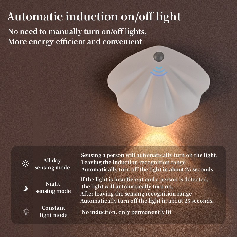 Shell Shaped Human Body Induction Light Type-C Charger Wall Light For Living Room Wireless Night Lamp For Children