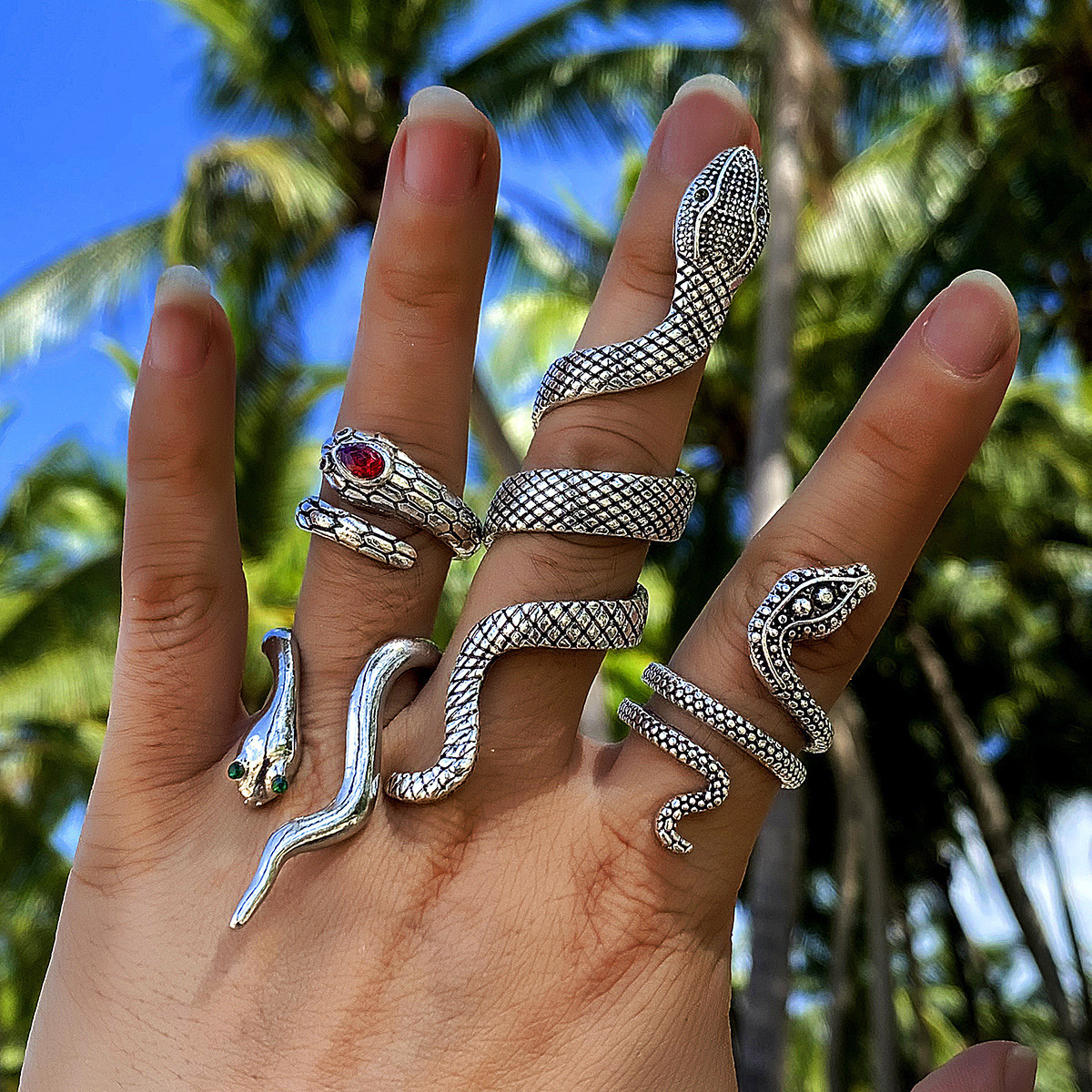 New Retro Goth Hippie Cute 4pcs Rings Set Snake Open Adjustable Rings