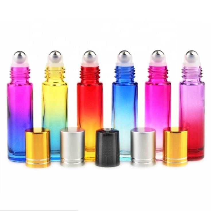 RTS in stock Cosmetic perfume roller ball rainbow colorful 5ml 5 ml 10ml 10 ml gradient body essential oil Roll on Glass Bottle