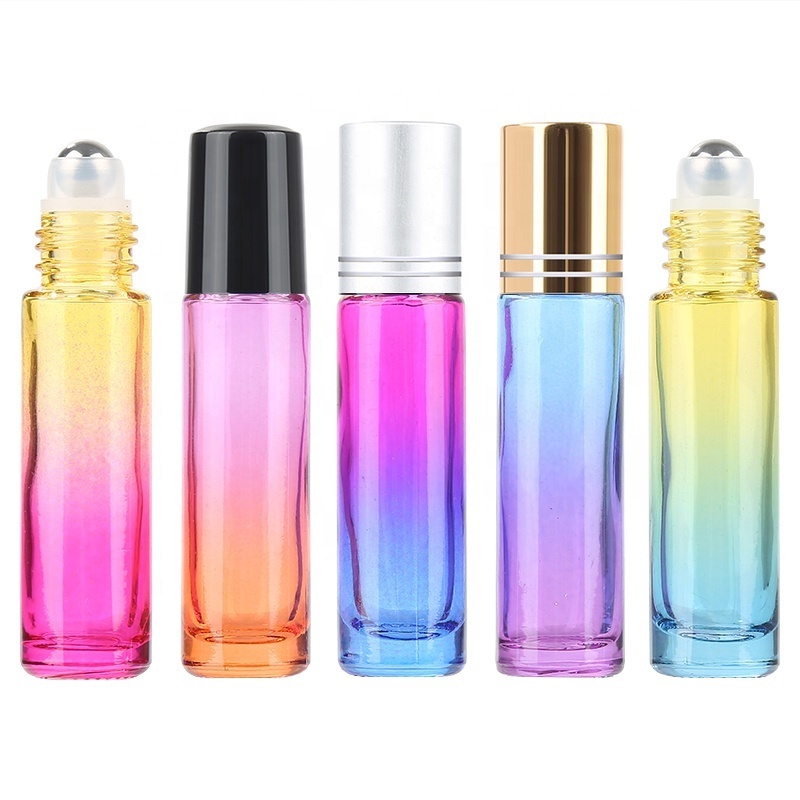 RTS in stock Cosmetic perfume roller ball rainbow colorful 5ml 5 ml 10ml 10 ml gradient body essential oil Roll on Glass Bottle