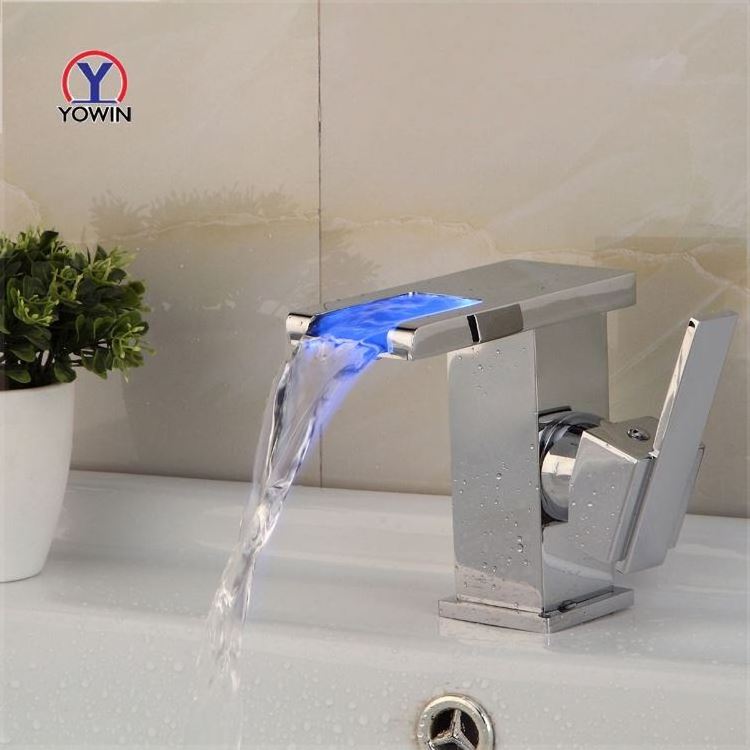 Yowin Hydropower LED Light With Three Color Deck Mounted Bathroom Basin Faucet Waterfall LED Faucet