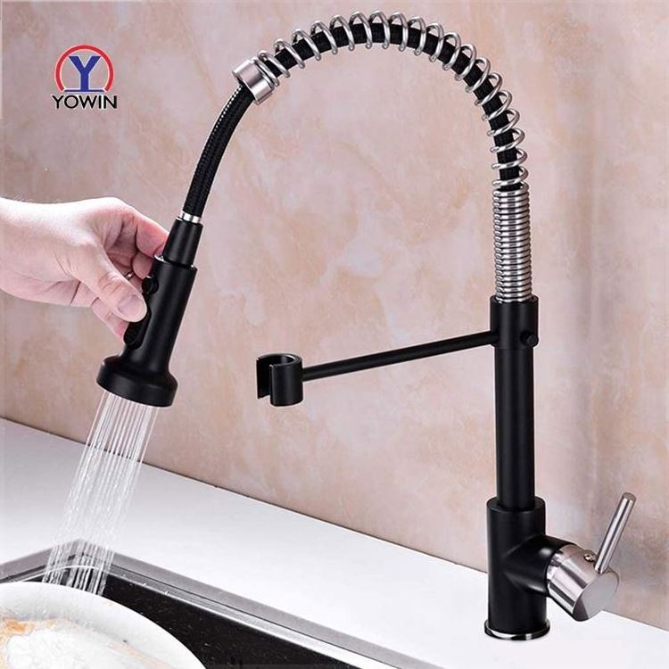 Yowin Stainless Steel Black Gold Silver Spring Extension Kitchen Faucet With 3 Function Spray Head Sink Mixer Tap Kitchen Faucet