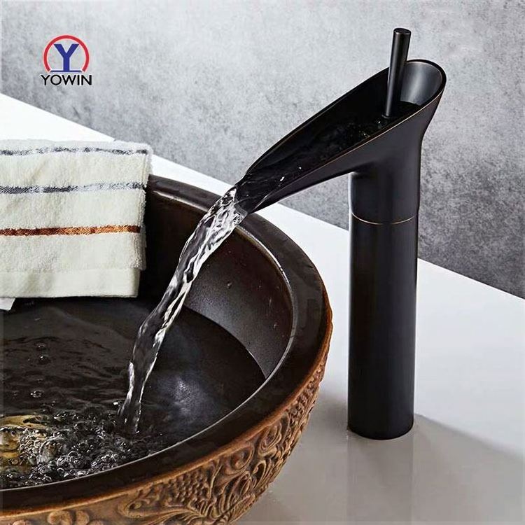 Yowin Waterfall Bathroom Sink Faucet Vintage Antique Brass Basin Mixer Taps Hot and Cold Mixer Bathroom Taps Basin Faucet