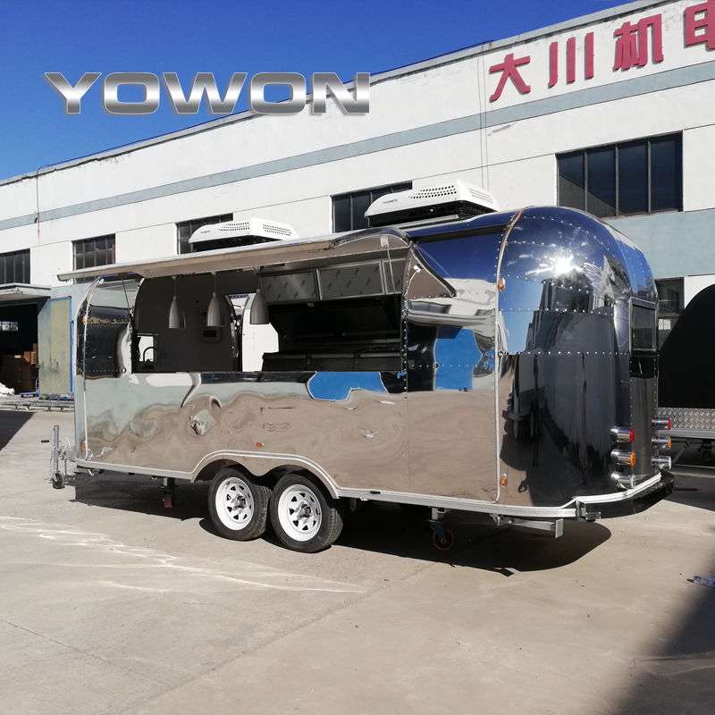 Yowon stainless steel material vintage airstream style food vending cart mobile food truck with kitchen cabinet hot dog cart