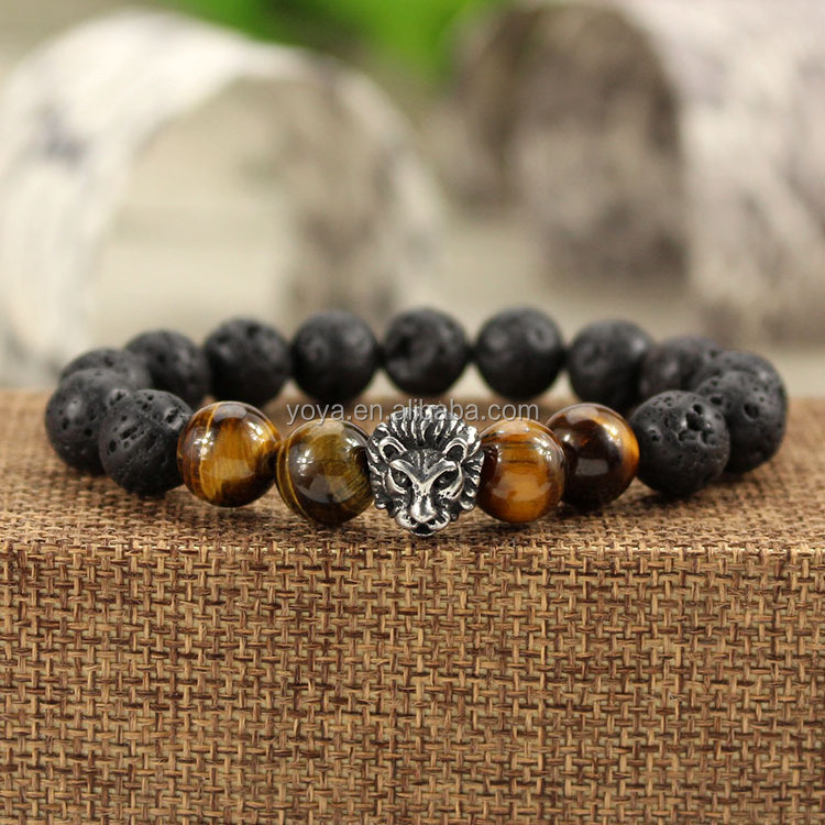 BRS1509 High Quality Stainless Steel Lion Head Bracelet,Black Lava & Tigereye Beaded Lion Face Men's Bracelet