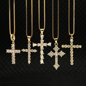 NS1082 High Quality Diamond Christian Religion Jewelry Gold Plated Stainless Steel Chain CZ Micro Pave Cross Pendant Necklace