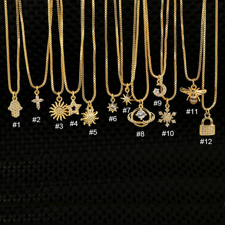 NZ1137 Minimal Tiny Small 18k Gold Plated CZ Paved Star Sun Lock Bee Charms Chain Necklace for Ladies