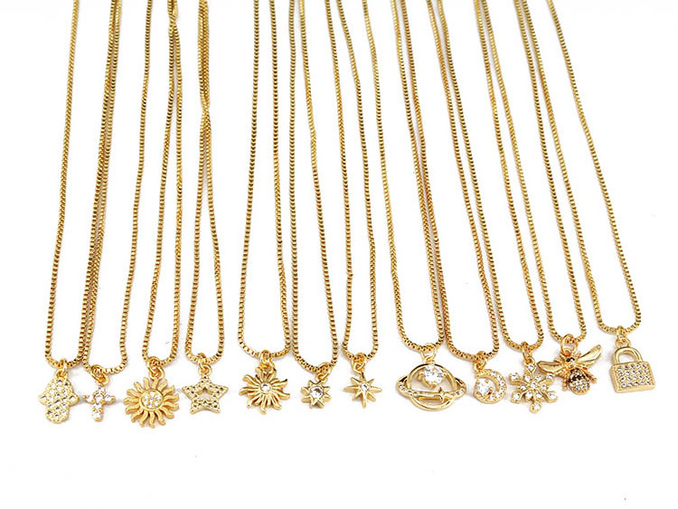 NZ1137 Minimal Tiny Small 18k Gold Plated CZ Paved Star Sun Lock Bee Charms Chain Necklace for Ladies