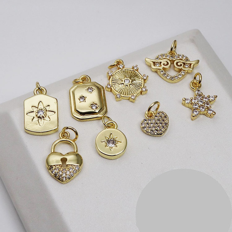 CZ8500 Tiny 18k Gold CZ Paved Lock Owl Lion Animal Charms,LIttle Mini CZ Zircon Fish Bone Dangle Charms for DIY Jewelry Making