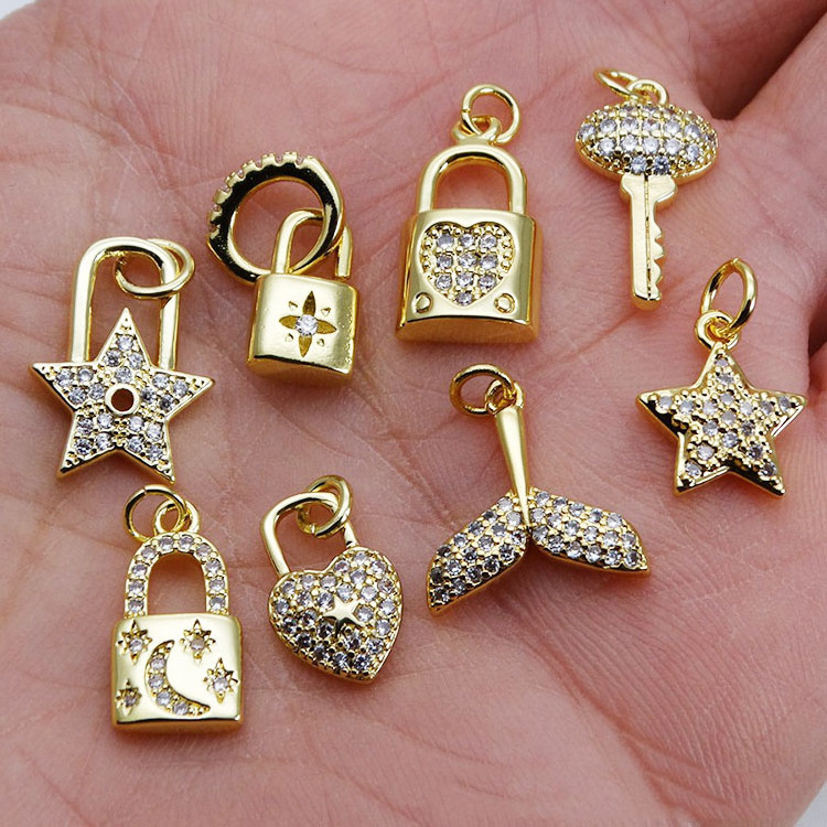 CZ8500 Tiny 18k Gold CZ Paved Lock Owl Lion Animal Charms,LIttle Mini CZ Zircon Fish Bone Dangle Charms for DIY Jewelry Making