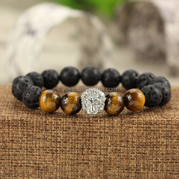 BRS1509 High Quality Stainless Steel Lion Head Bracelet,Black Lava & Tigereye Beaded Lion Face Men's Bracelet