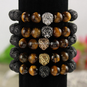 BRS1509 High Quality Stainless Steel Lion Head Bracelet,Black Lava & Tigereye Beaded Lion Face Men's Bracelet