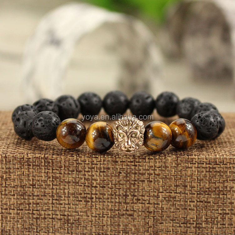 BRS1509 High Quality Stainless Steel Lion Head Bracelet,Black Lava & Tigereye Beaded Lion Face Men's Bracelet