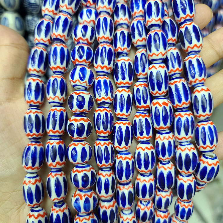 CC1891 Hand Painted Ceramic Drum Beads,Chinoiserie China Beads Vintage African Trade Blue White Porcelain Chevron Beads ,