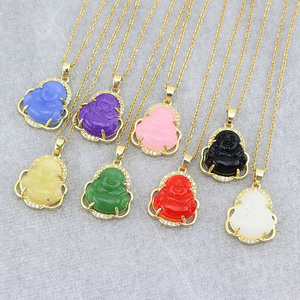 NN1137 18K Gold Stainless Steel Chain Crystal CZ Pave Buddha Pendant Necklace Multi Color Jade Stone Pendant Buddha Necklace