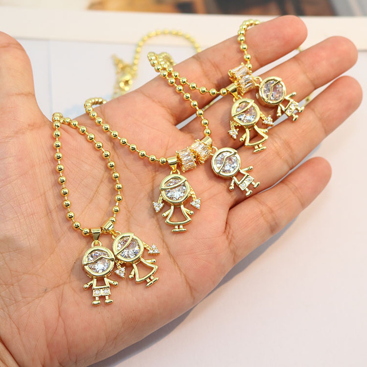 NZ1428 Dainty 18k Gold Plated CZ Micro Pave  Boy and Girl Kids Child Children Charm Pendant Ball Chain Necklace