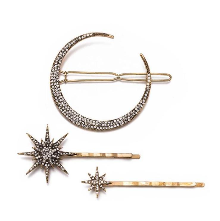 H1024 Antique Bronze Crystal Pave Crescent Moon Starbursts Celestial Brass Barrette Hair Clips Bobby Pins