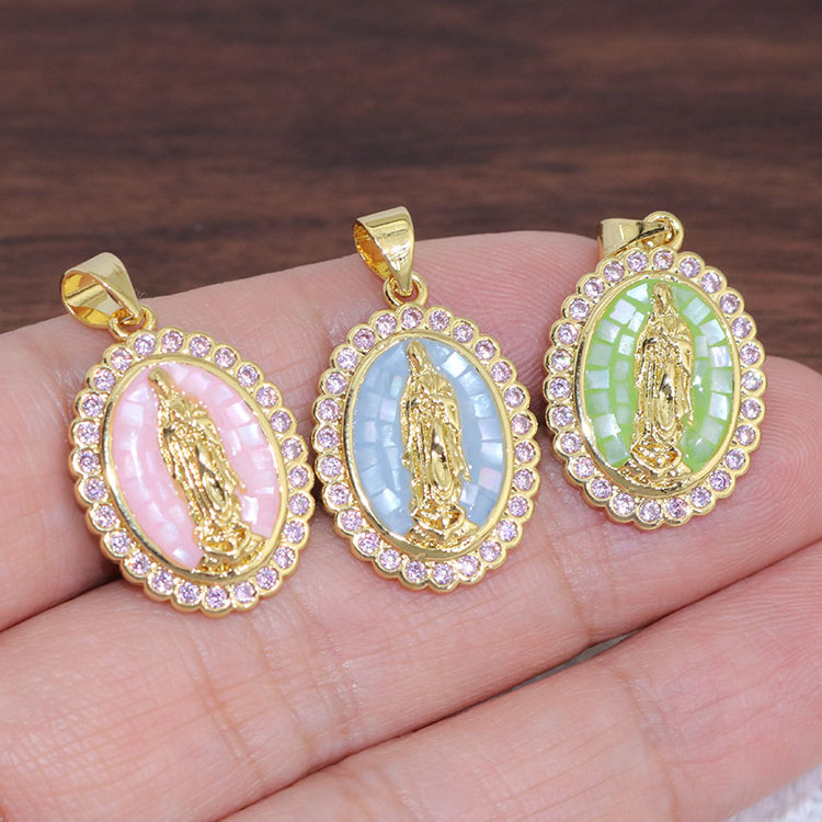 CZ8485 Dainty Pink Shell CZ Pave Crescent Star Heart St Benedict Jesus Virgin Mary Lock Charm Pendants