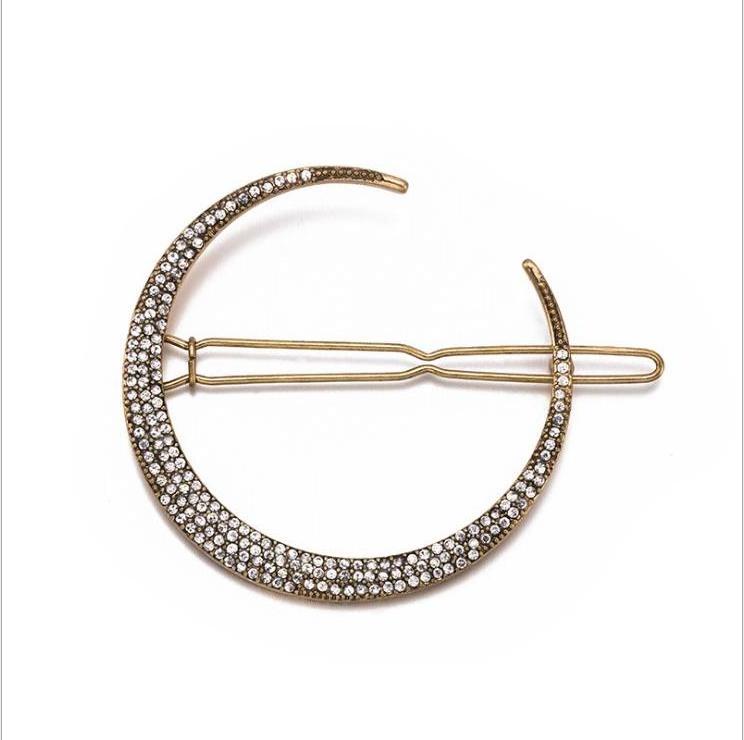 H1024 Antique Bronze Crystal Pave Crescent Moon Starbursts Celestial Brass Barrette Hair Clips Bobby Pins