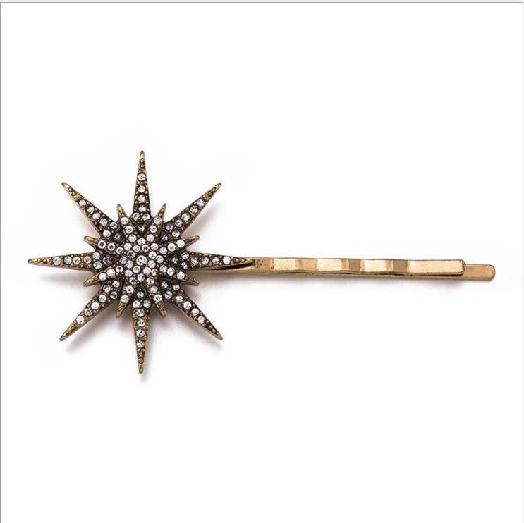 H1024 Antique Bronze Crystal Pave Crescent Moon Starbursts Celestial Brass Barrette Hair Clips Bobby Pins