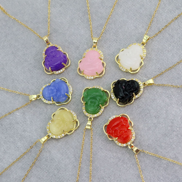 NN1137 18K Gold Stainless Steel Chain Crystal CZ Pave Buddha Pendant Necklace Multi Color Jade Stone Pendant Buddha Necklace