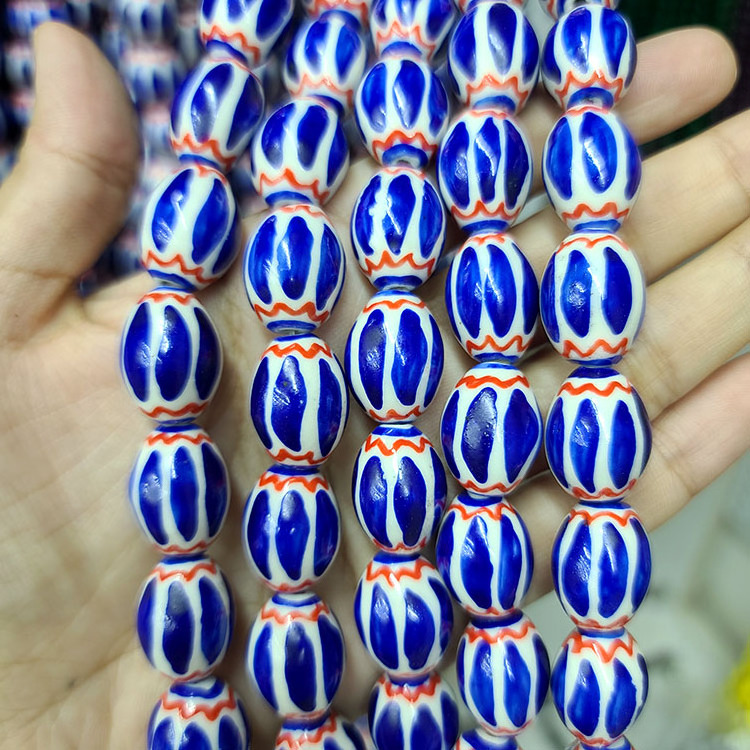 CC1891 Hand Painted Ceramic Drum Beads,Chinoiserie China Beads Vintage African Trade Blue White Porcelain Chevron Beads ,