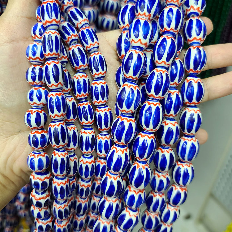 CC1891 Hand Painted Ceramic Drum Beads,Chinoiserie China Beads Vintage African Trade Blue White Porcelain Chevron Beads ,