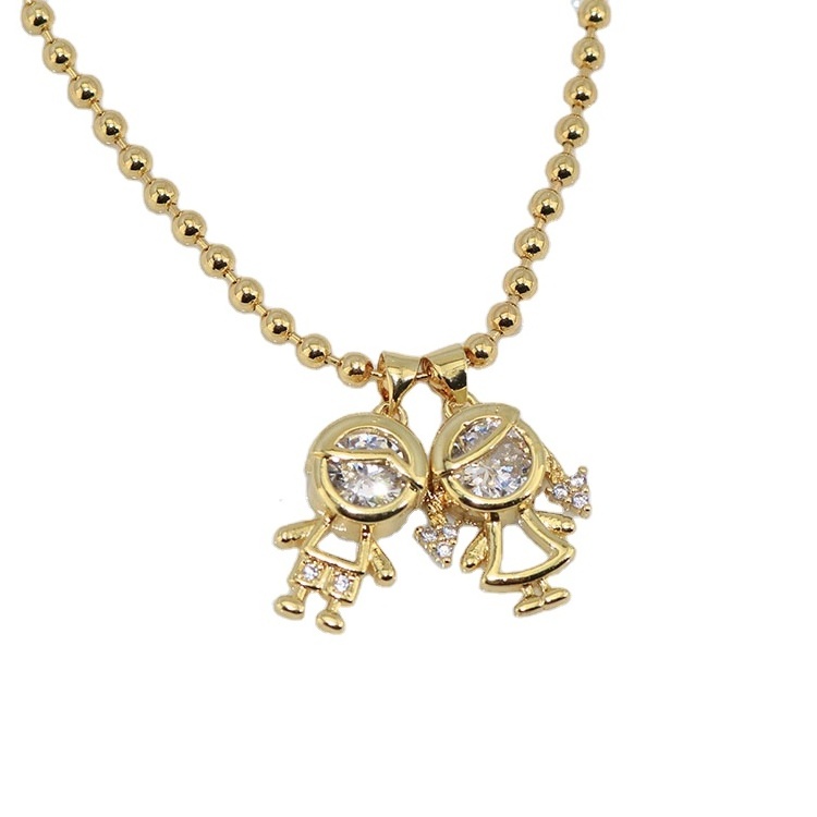 NZ1428 Dainty 18k Gold Plated CZ Micro Pave  Boy and Girl Kids Child Children Charm Pendant Ball Chain Necklace