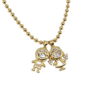 NZ1428 Dainty 18k Gold Plated CZ Micro Pave  Boy and Girl Kids Child Children Charm Pendant Ball Chain Necklace