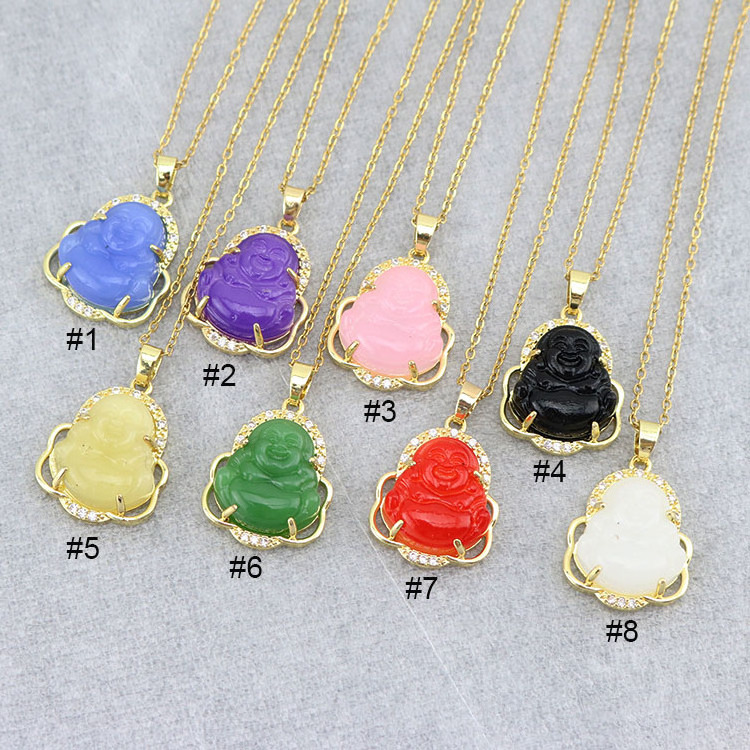 NN1137 18K Gold Stainless Steel Chain Crystal CZ Pave Buddha Pendant Necklace Multi Color Jade Stone Pendant Buddha Necklace