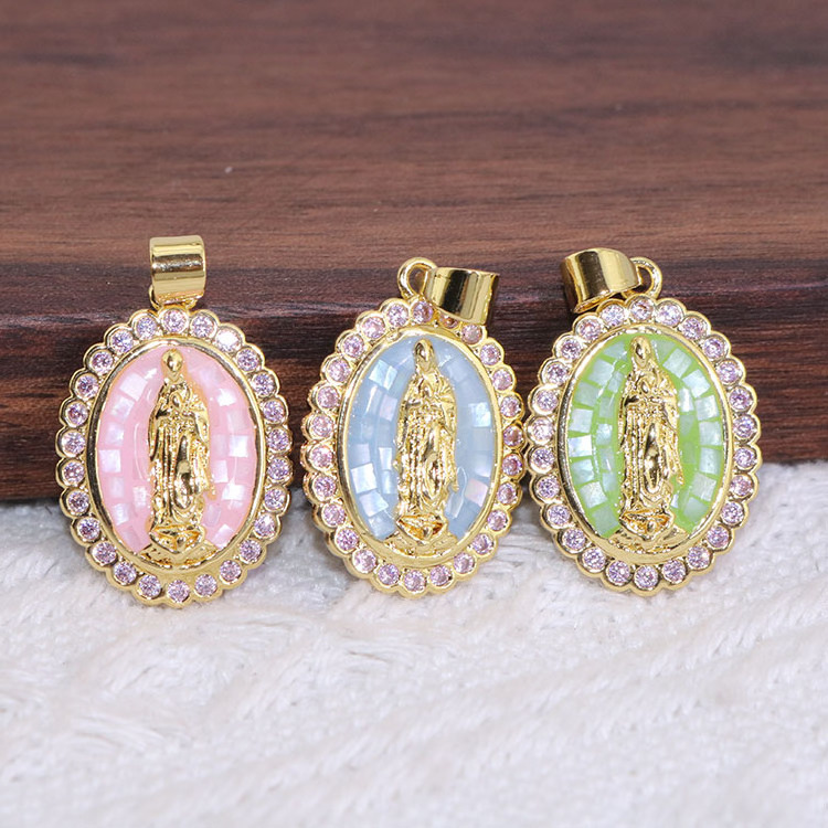 CZ8485 Dainty Pink Shell CZ Pave Crescent Star Heart St Benedict Jesus Virgin Mary Lock Charm Pendants