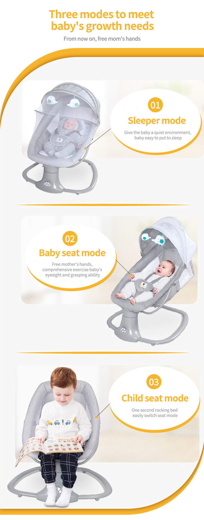 Hot Sale Smart Baby Swing 3 in 1 Kids Swing Chair Baby Dismountable Control Speed Baby Bouncer Indoor Electric Rocking Chair