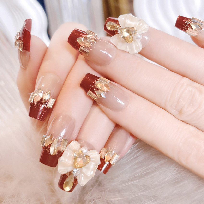 U23 New Year Style False Nails Shining Diamond Bow Long Press On Nails