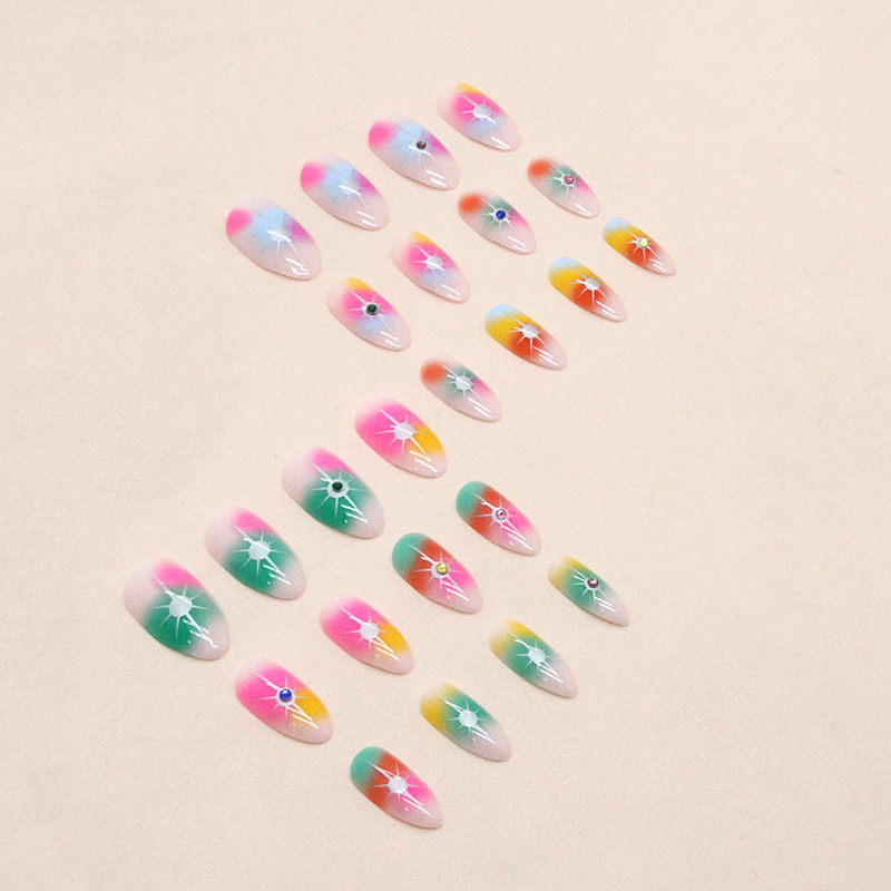 Colorful Rainbow Star Diamond Almond Nail Fake Nails Halloween Acrylic Press On Finger Nails Wholesale